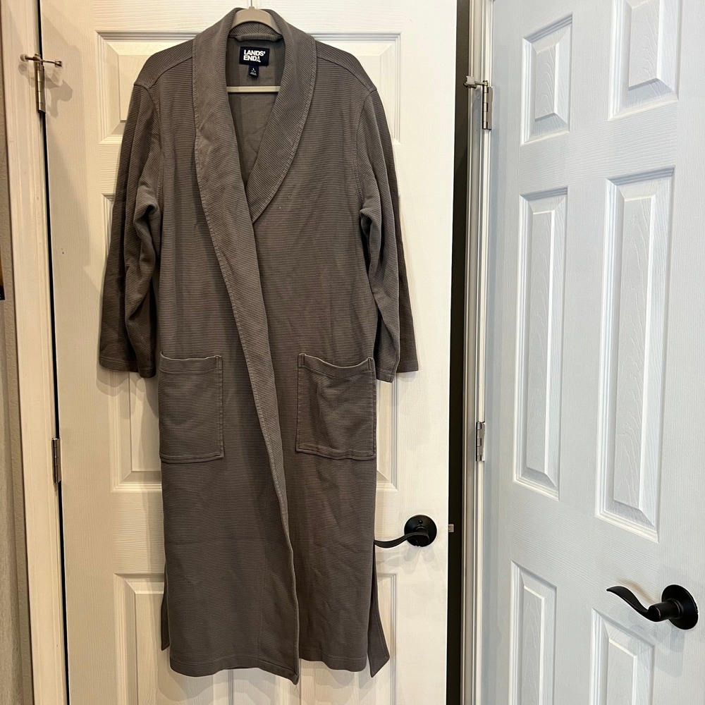 Lands End Robe Gray Cotton Waffle Knit Loungewear Shawl Collar Minimalist L
